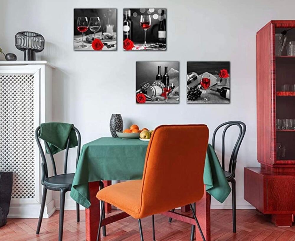 Set of 4 Framed Canvas Prints, 20 x 20 Each Red Roses Wine